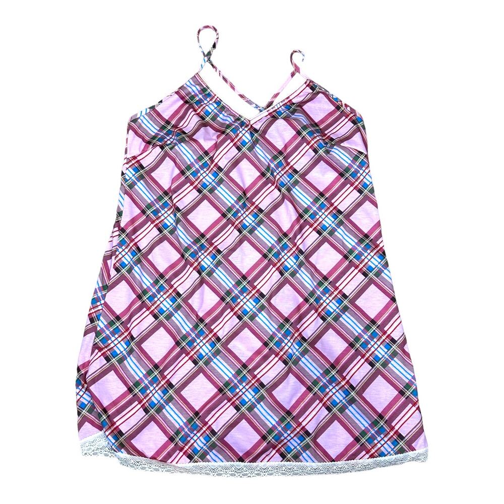 ModCloth sleep bright pink plaid nightgown retro loungewear SZ large sleepwear